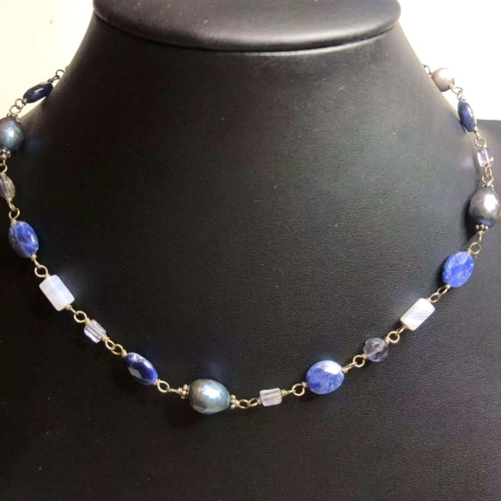 Silpada Vintage Sterling Silver Sodalite 
Blue Lace Chalcedony Pearl Necklace